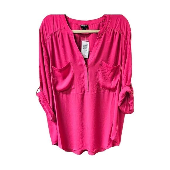 3XTORRID Plus Size Harper Georgette Pink Peacock Pullover 3/4 Sleeve Blouse - Picture 1 of 16